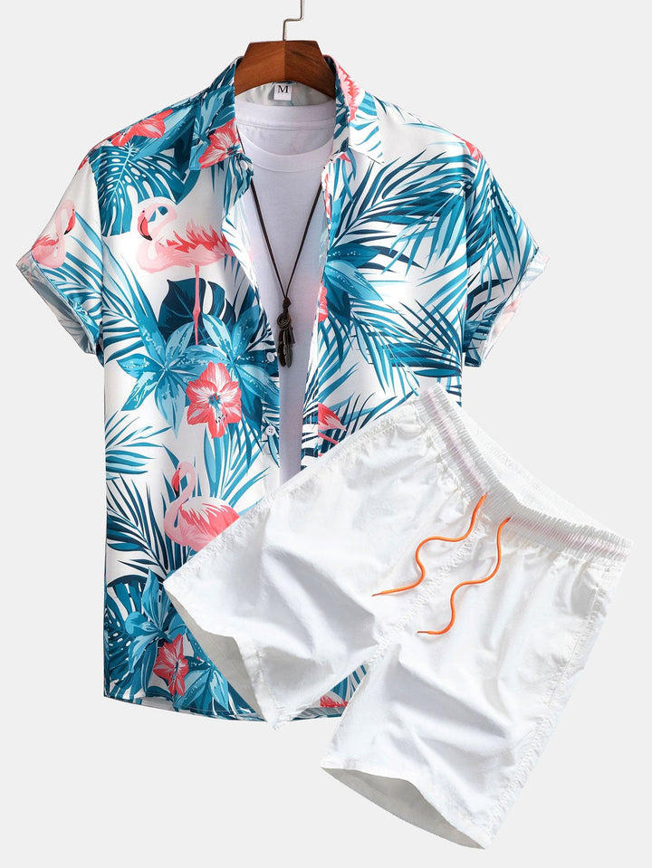 Flamingo Tropisch Print Knop-Up Shirt & Zwemshorts