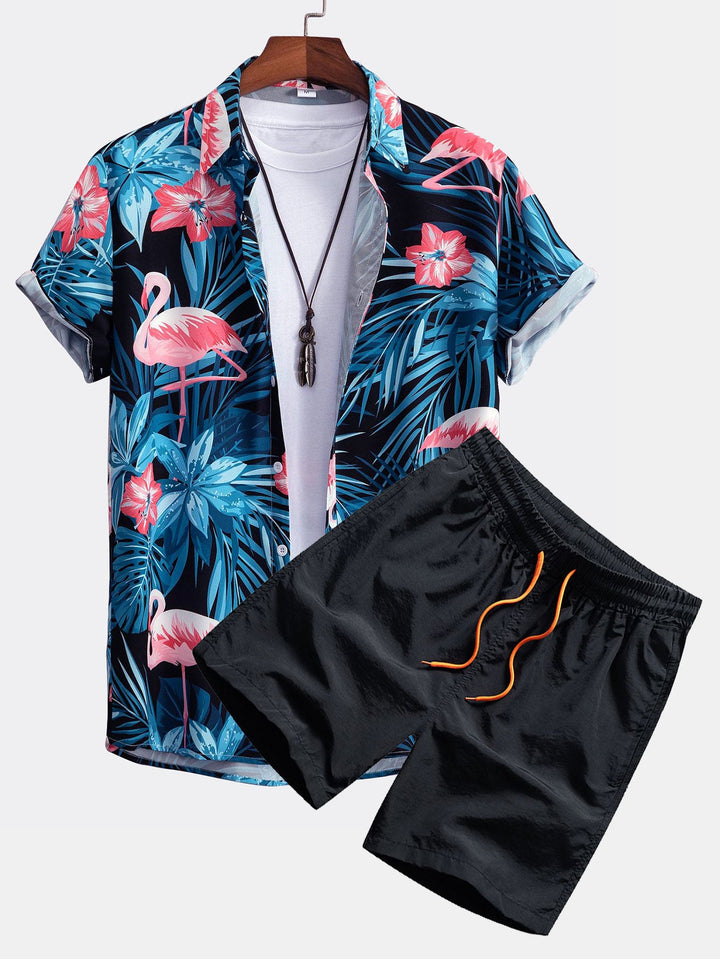 Flamingo Tropisch Print Knop-Up Shirt & Zwemshorts
