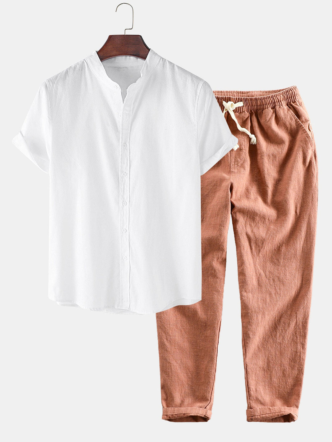 Linnen Look Korte Mouwen Staande Kraag Shirt & Linnen Katoen Mix Cropped Broek