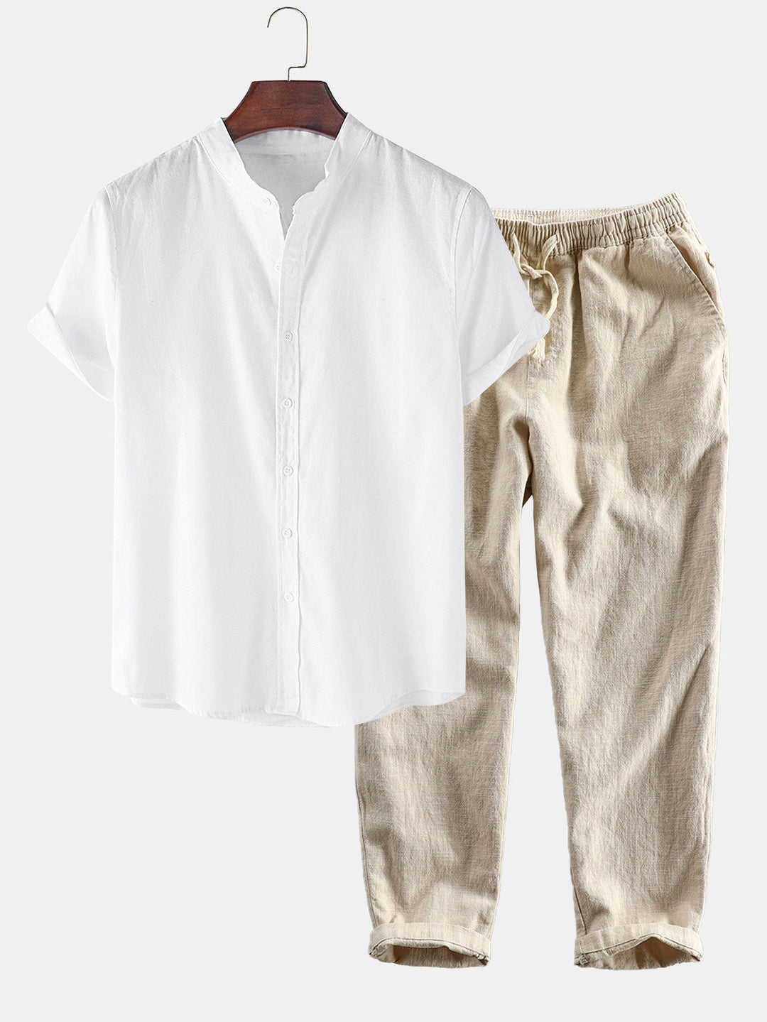 Linnen Look Korte Mouwen Staande Kraag Shirt & Linnen Katoen Mix Cropped Broek