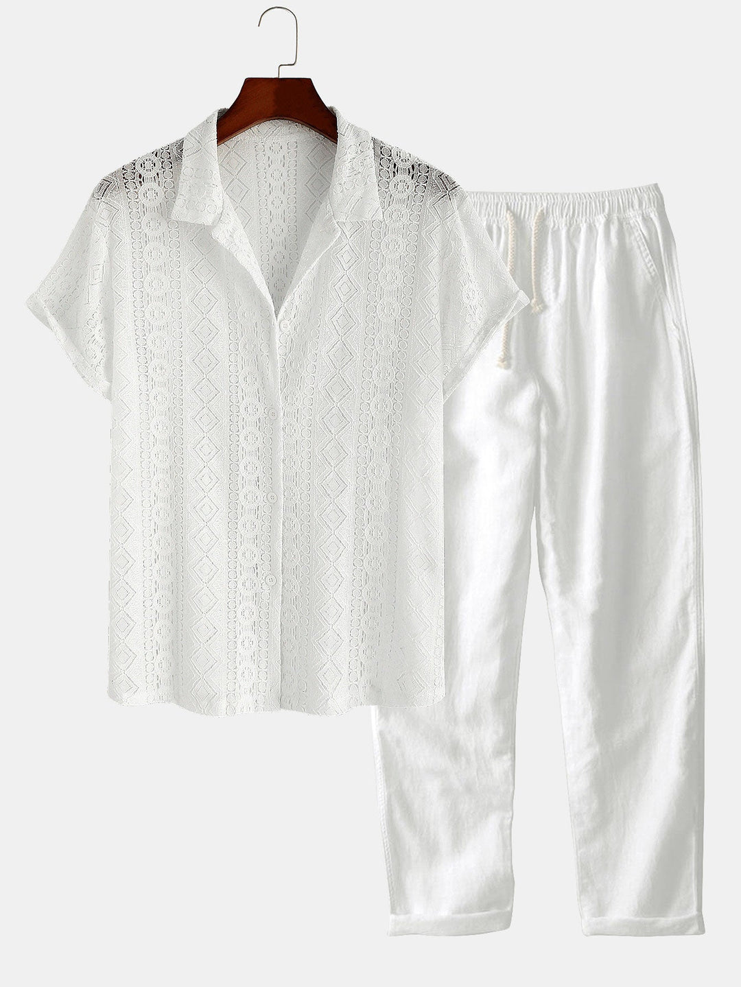 Geometrisch Textuur Cubaanse Shirt & Rechte Linnen Broek