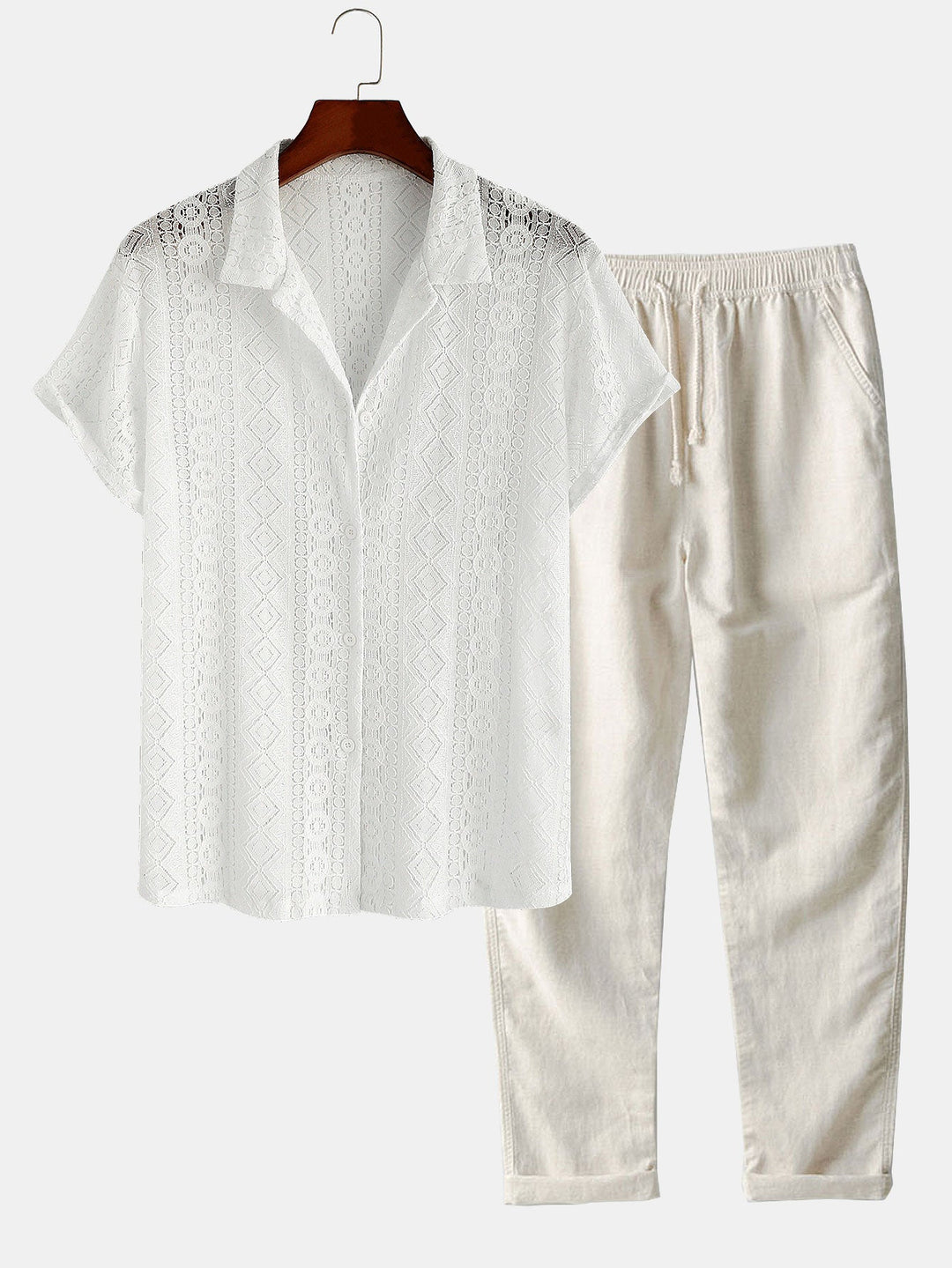 Geometrisch Textuur Cubaanse Shirt & Rechte Linnen Broek