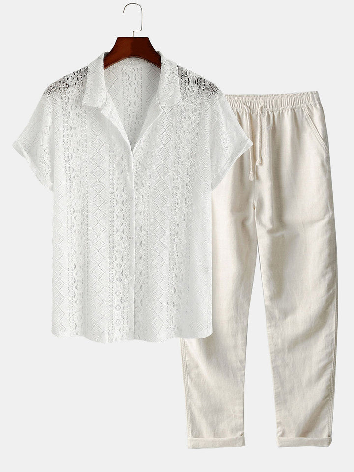 Geometrisch Textuur Cubaanse Shirt & Rechte Linnen Broek