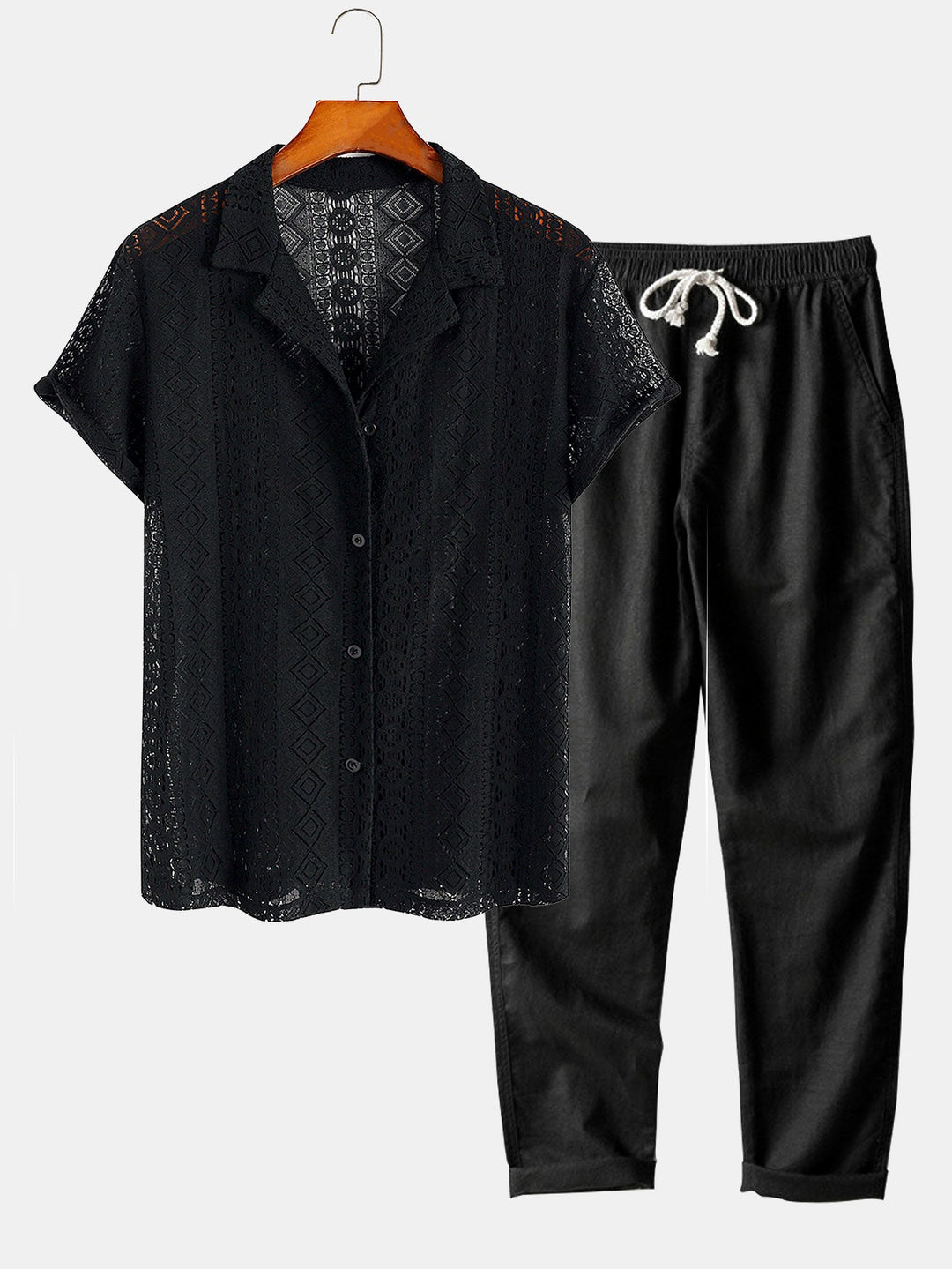 Geometrisch Textuur Cubaanse Shirt & Rechte Linnen Broek