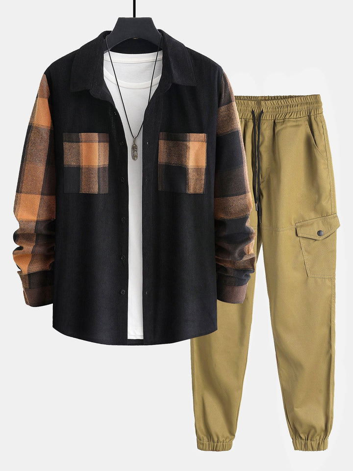Geruite Corduroy Paneel Shirt & Chino Cargo Jogger Broek