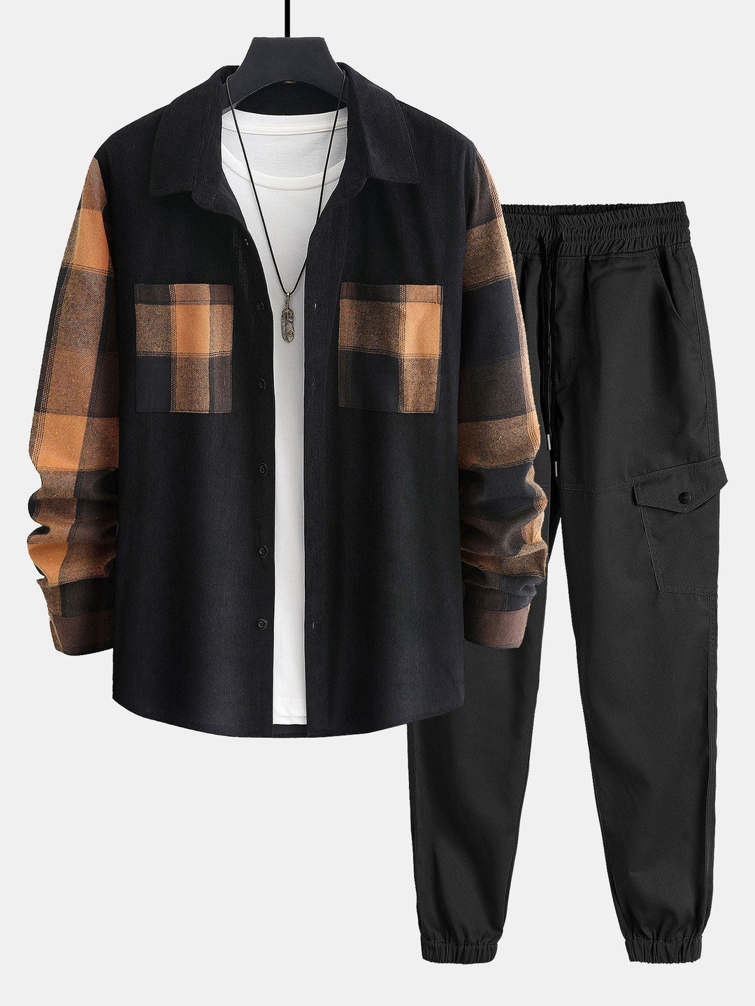 Geruite Corduroy Paneel Shirt & Chino Cargo Jogger Broek