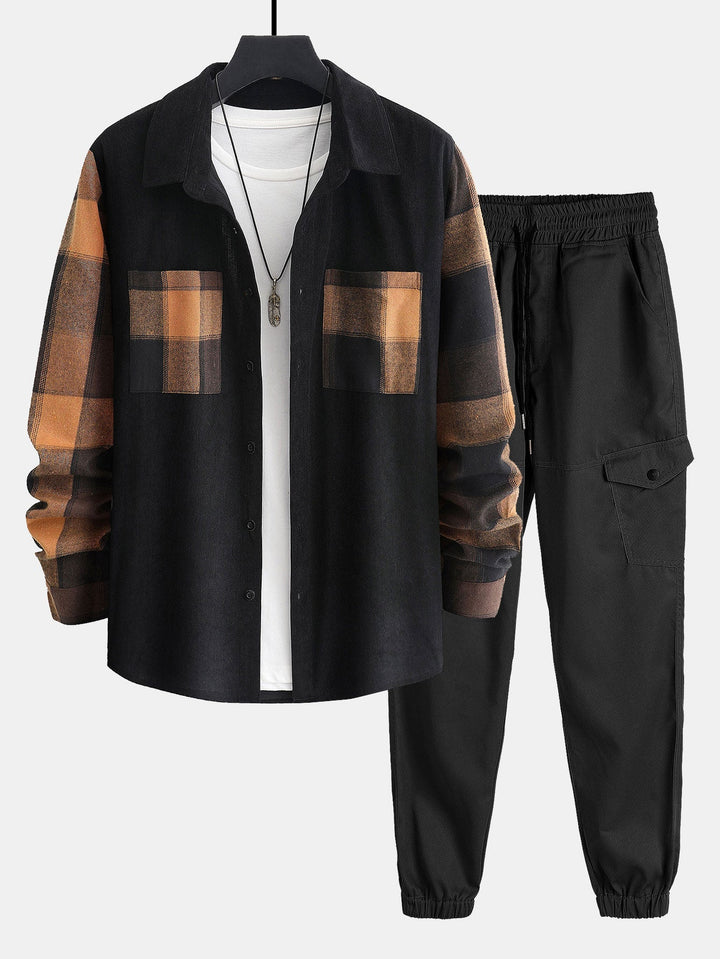 Geruite Corduroy Paneel Shirt & Chino Cargo Jogger Broek