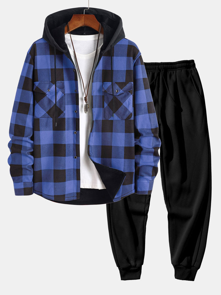 Flanellen fleece gevoerd hoodie shirt & jogger broek