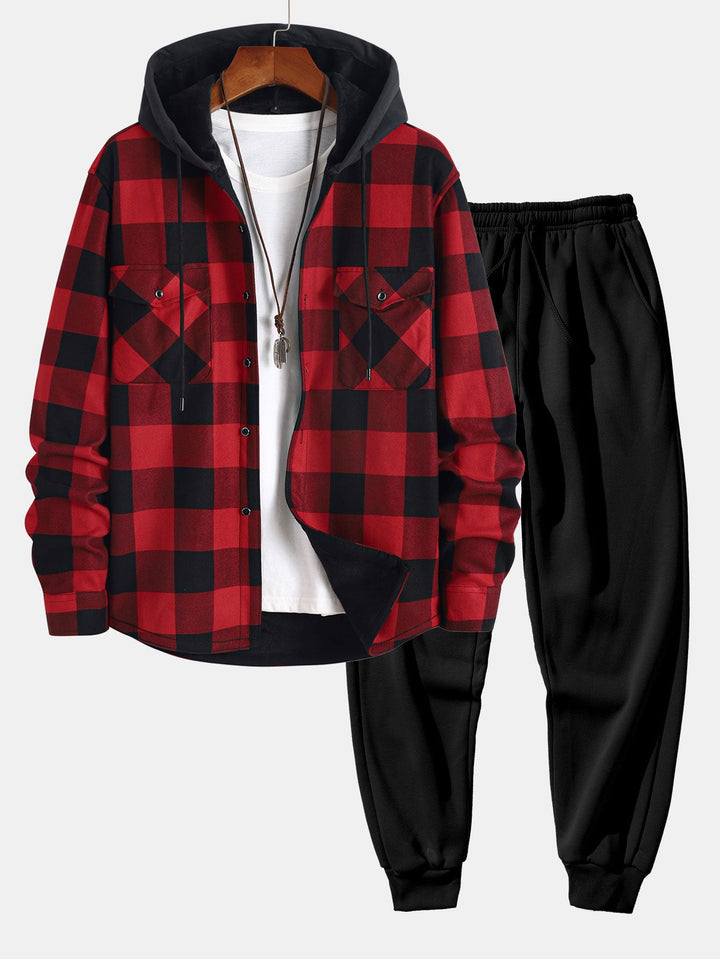Flanellen fleece gevoerd hoodie shirt & jogger broek