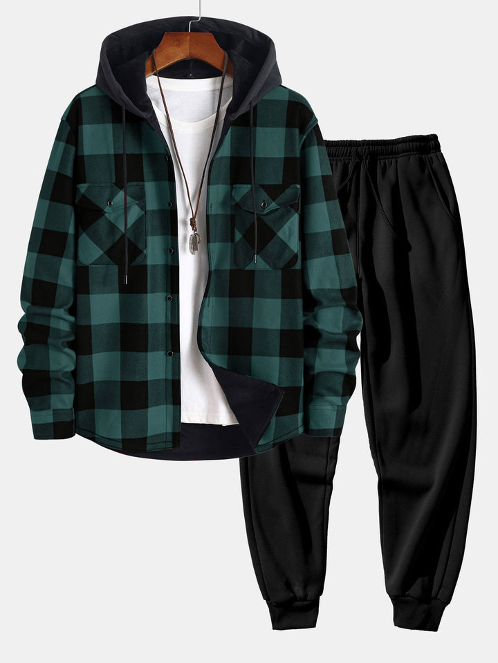Flanellen fleece gevoerd hoodie shirt & jogger broek
