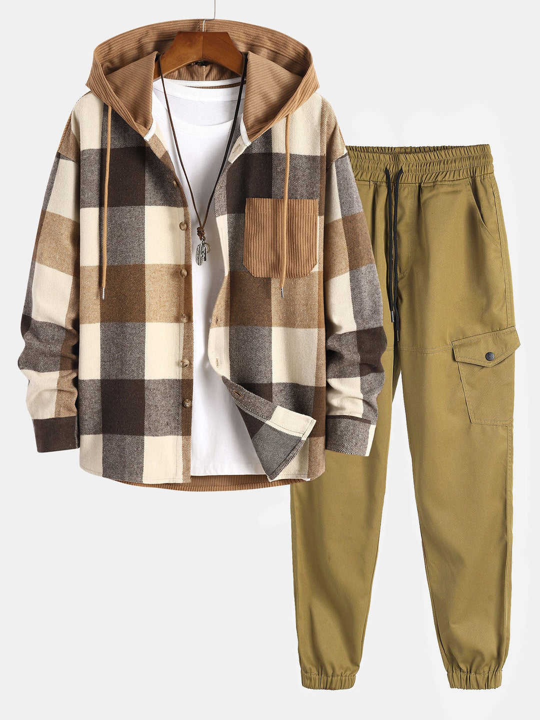 Relax Fit Flannel Ruit Corduroy Patchwork Hoodie Shirt & Chino Cargo Jogger Broek