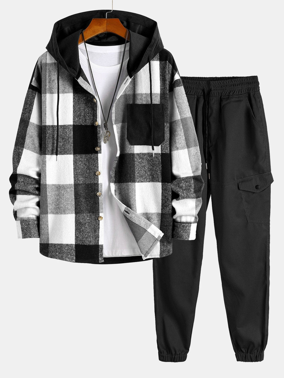 Relax Fit Flannel Ruit Corduroy Patchwork Hoodie Shirt & Chino Cargo Jogger Broek