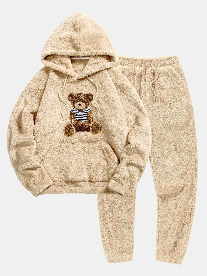 Beren Geborduurd Patch Teddy Hoodie & Teddy Jogger Broek