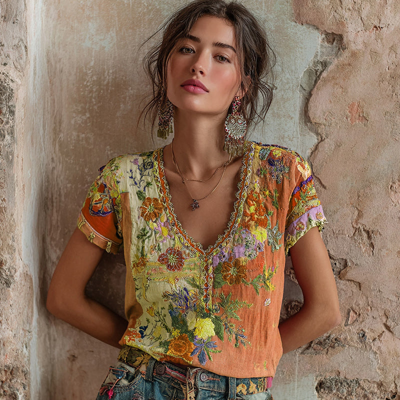 Almara | Bohemian Floral Linen Top