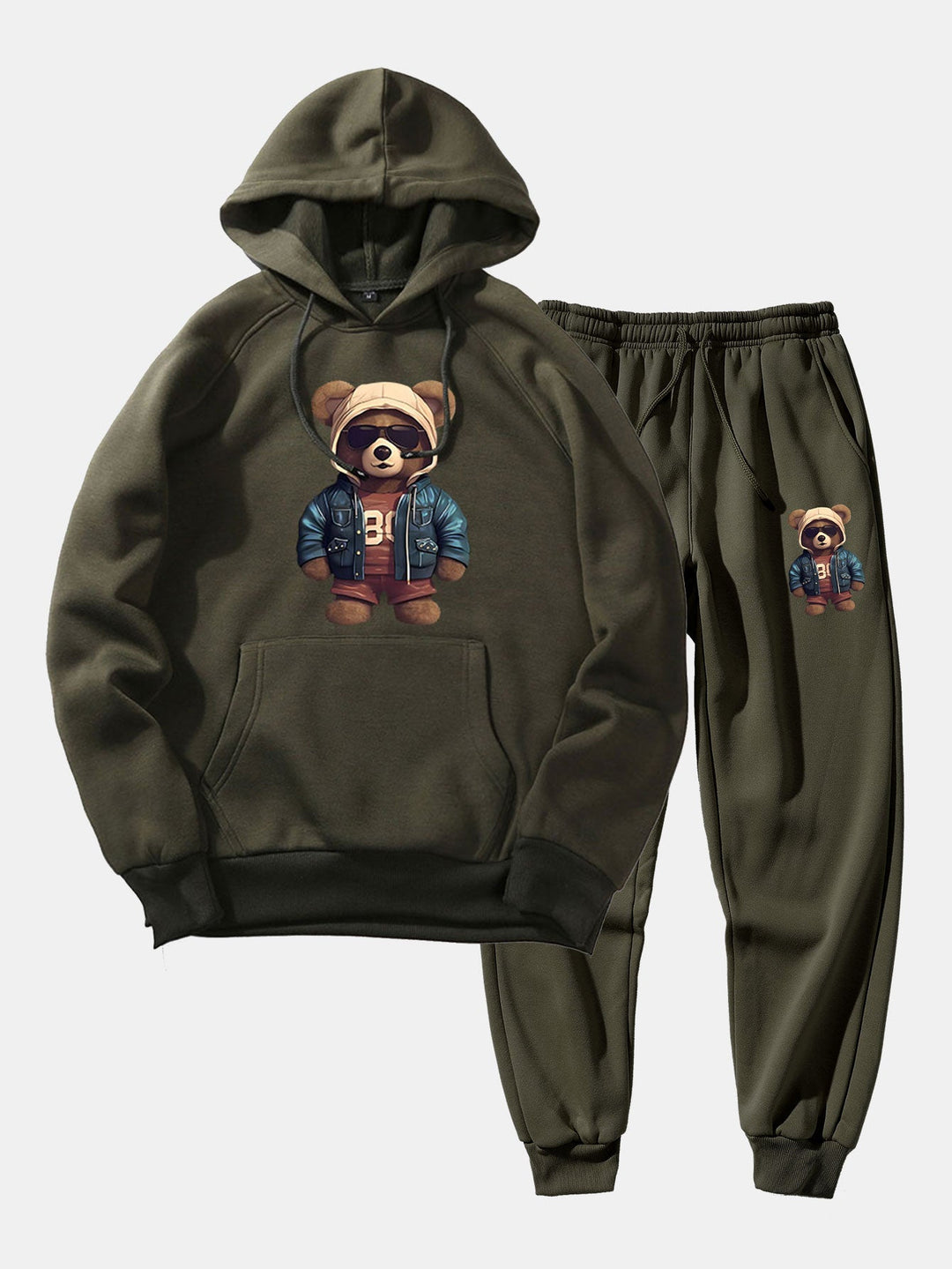 Bear In Leather Jacket Print Hoodie & Jogger Pants