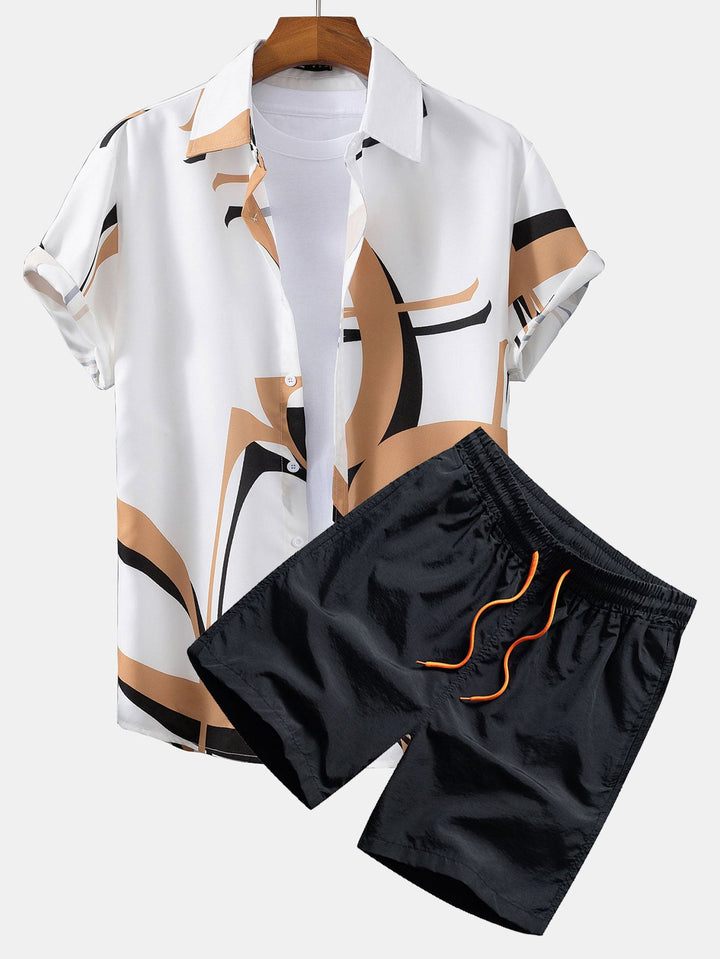 Abstracte Print Knopshirt #Willekeurig Patroon Ontwerp# & Zwemshorts