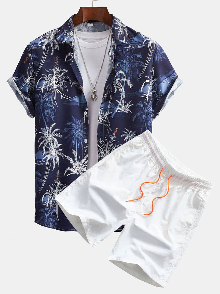 Palmboomprint Overhemd met Knopen & Zwemshorts