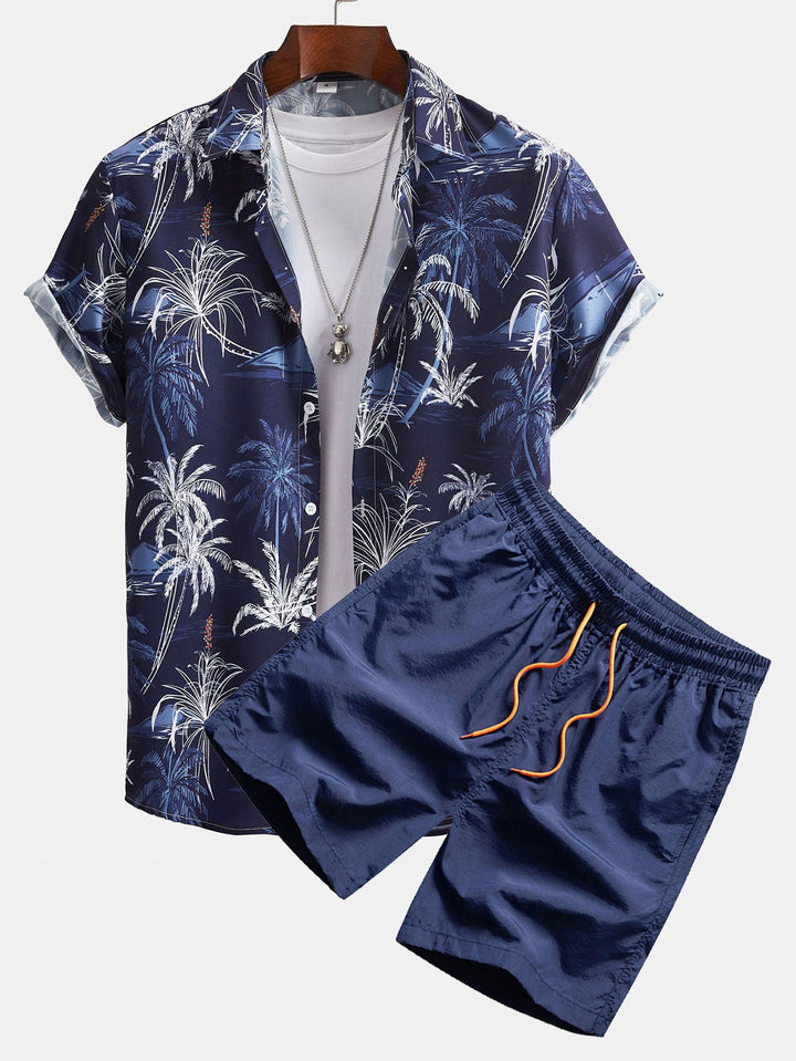 Palmboomprint Overhemd met Knopen & Zwemshorts