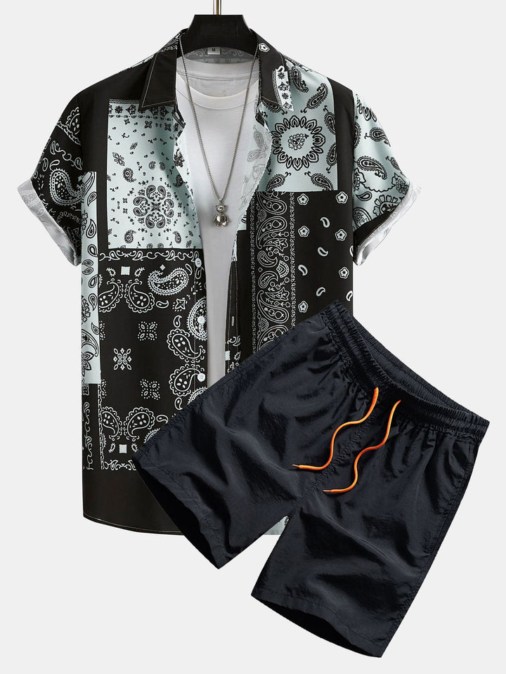 Paisley Patchwork Print Shirt #Willekeurig patroon ontwerp# & Zwemshorts