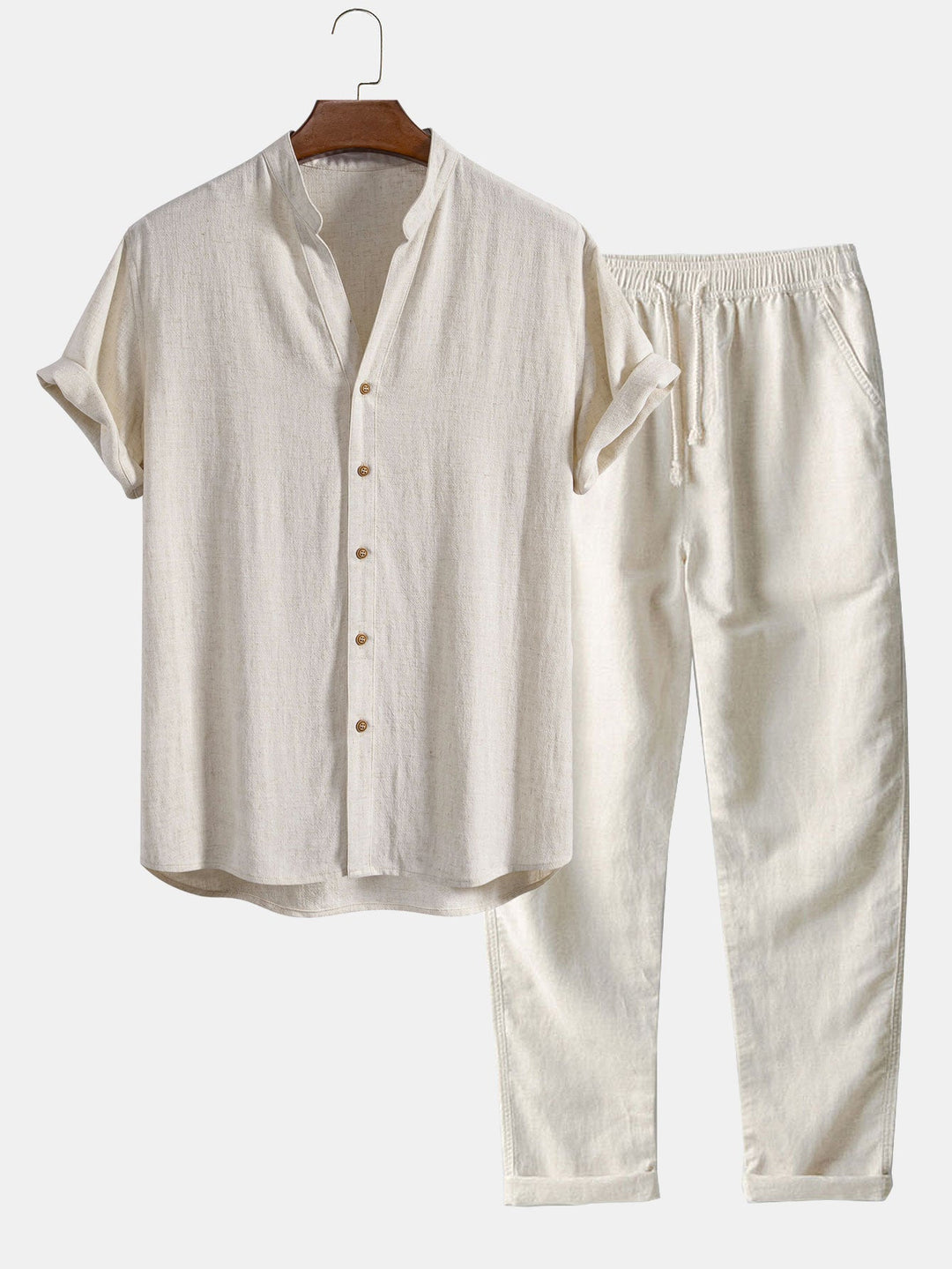 V-neck Linen Rayon Blend Shirt & Straight Leg Linen Pants