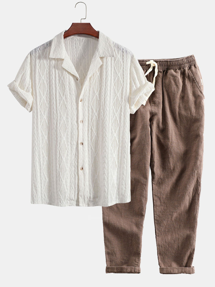 Geometrisch Jacquard Cubaanse Shirt & Linnen Katoen Mix Cropped Broek
