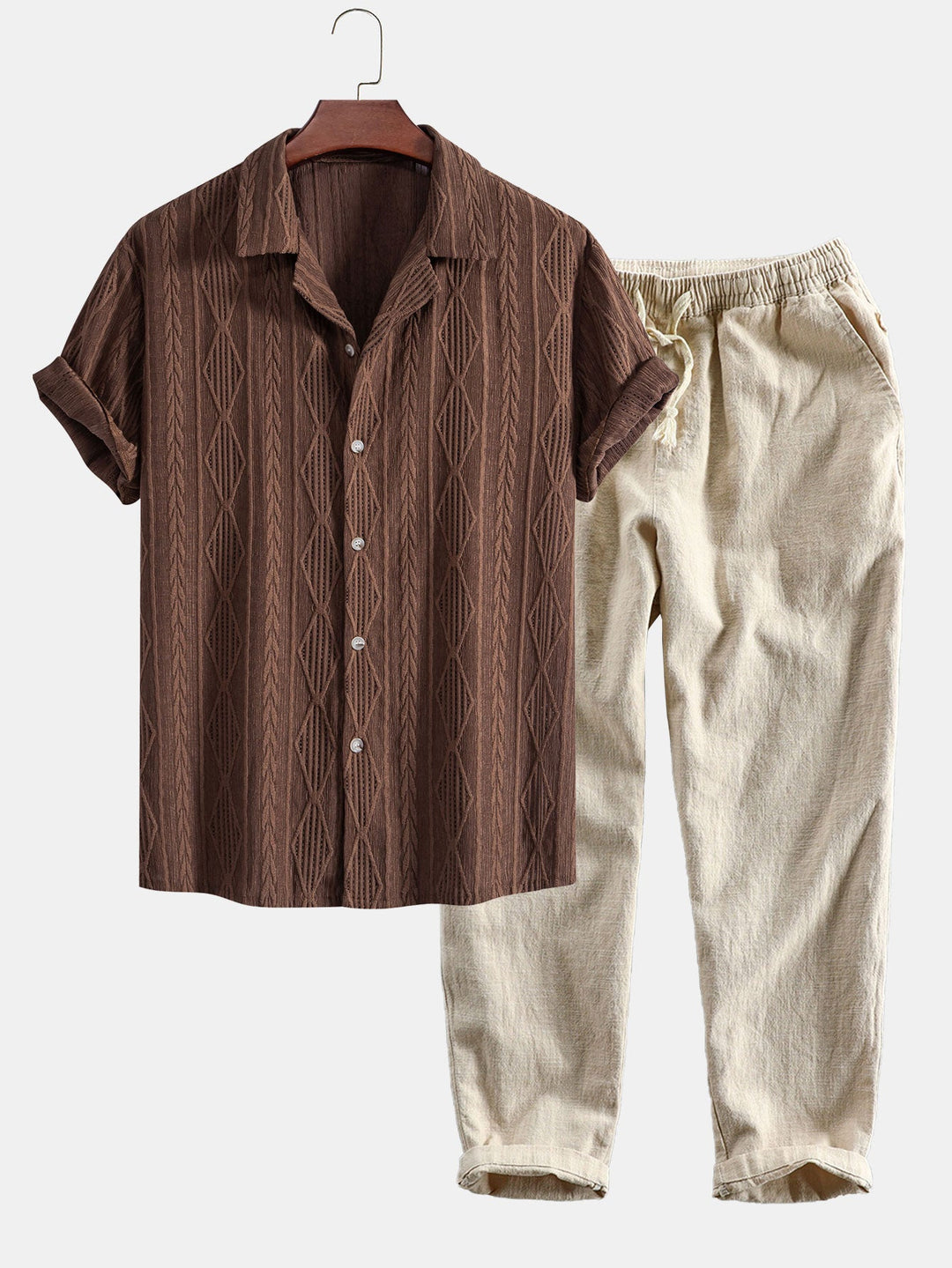 Geometrisch Jacquard Cubaanse Shirt & Linnen Katoen Mix Cropped Broek