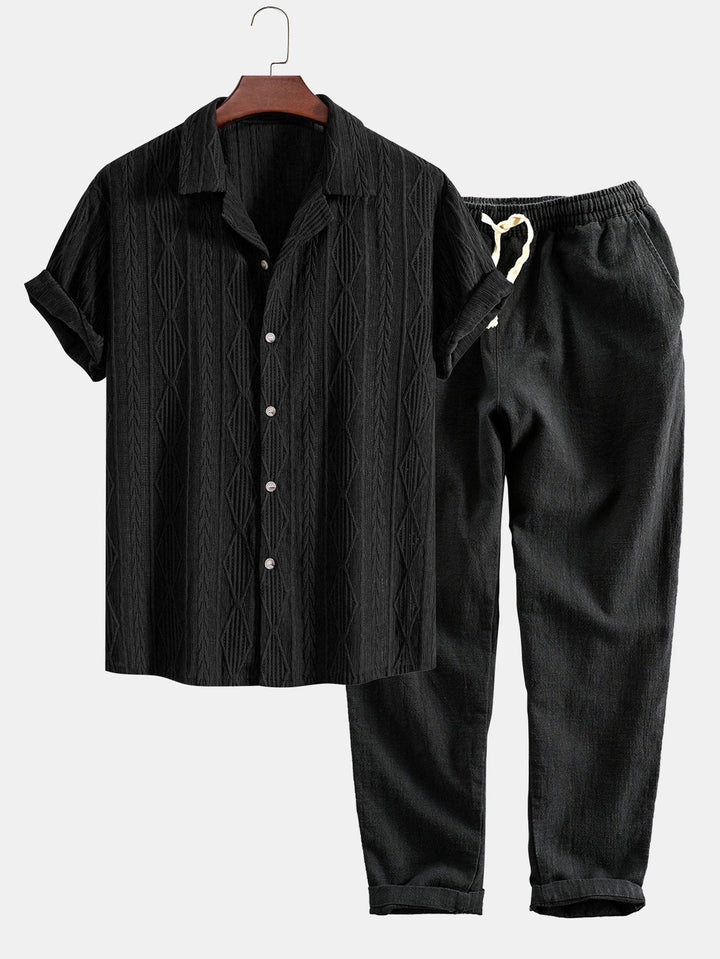 Geometrisch Jacquard Cubaanse Shirt & Linnen Katoen Mix Cropped Broek