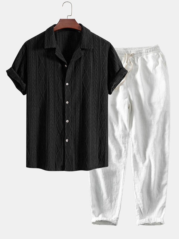 Geometrisch Jacquard Cubaanse Shirt & Linnen Katoen Mix Cropped Broek