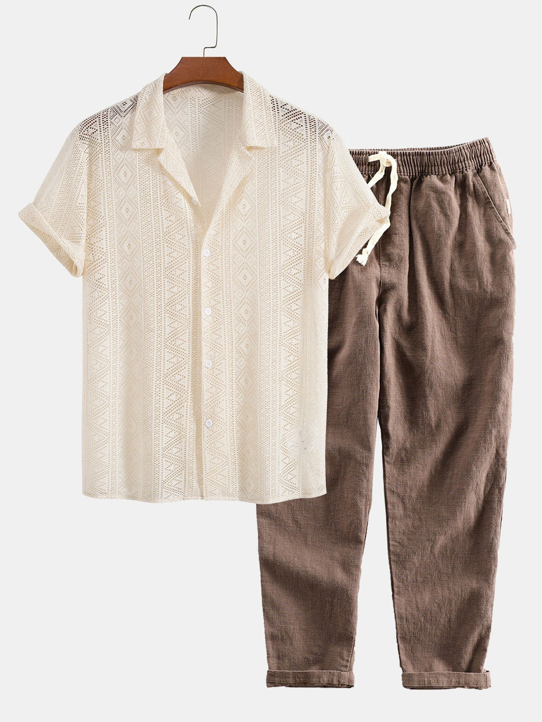 Korte Mouwen Geometrisch Textuur Cuban Shirt & Linnen Katoen Gemengde Cropped Broek