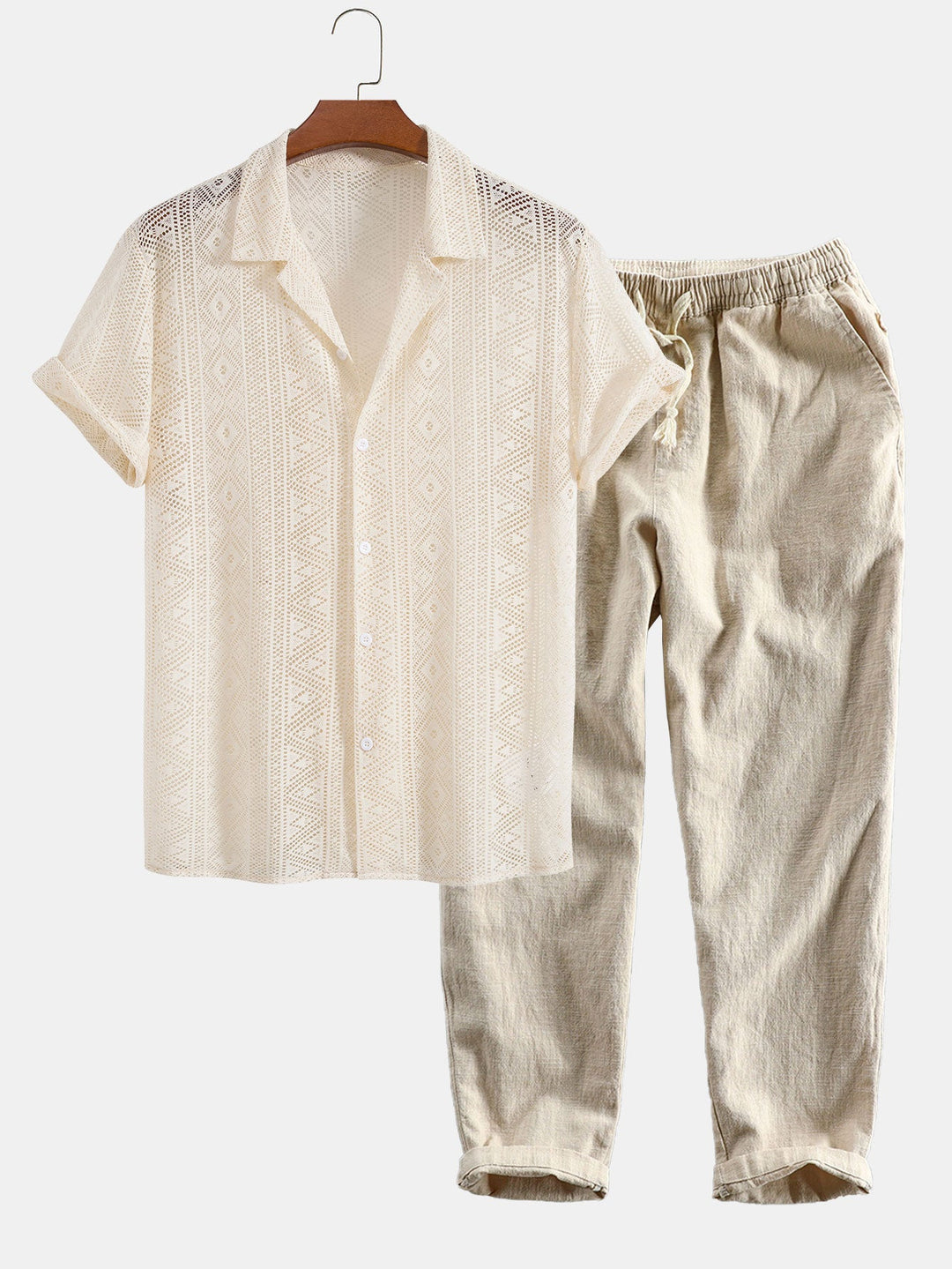 Korte Mouwen Geometrisch Textuur Cuban Shirt & Linnen Katoen Gemengde Cropped Broek
