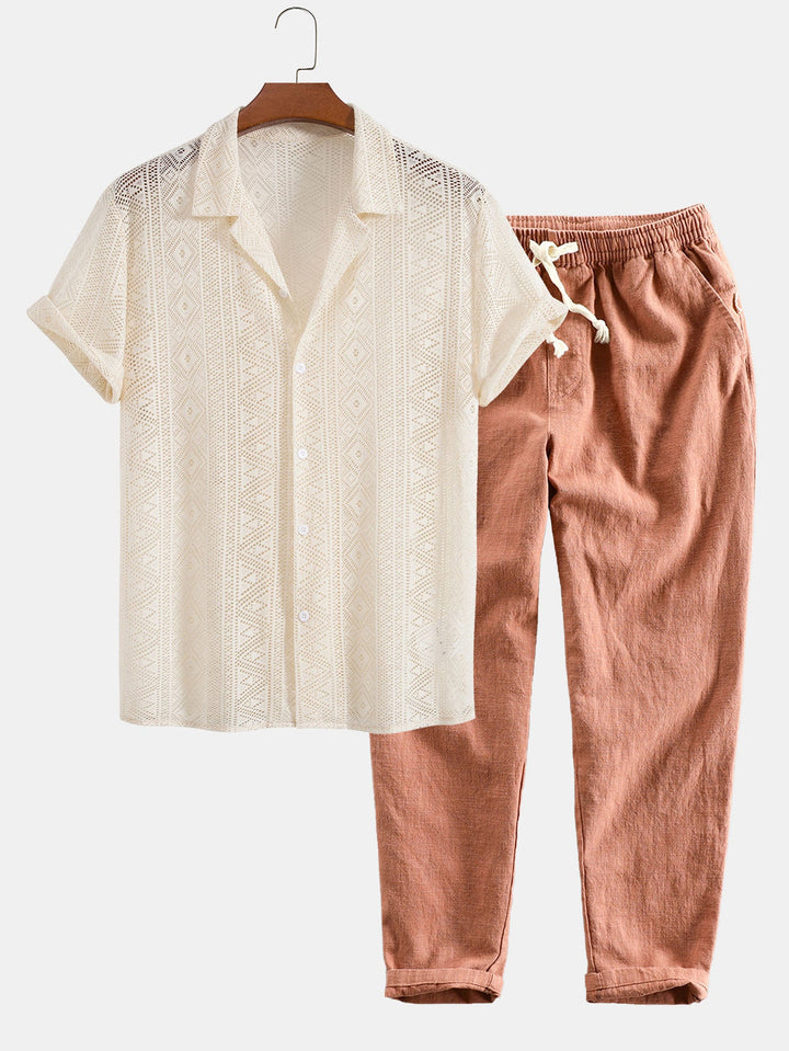 Korte Mouwen Geometrisch Textuur Cuban Shirt & Linnen Katoen Gemengde Cropped Broek