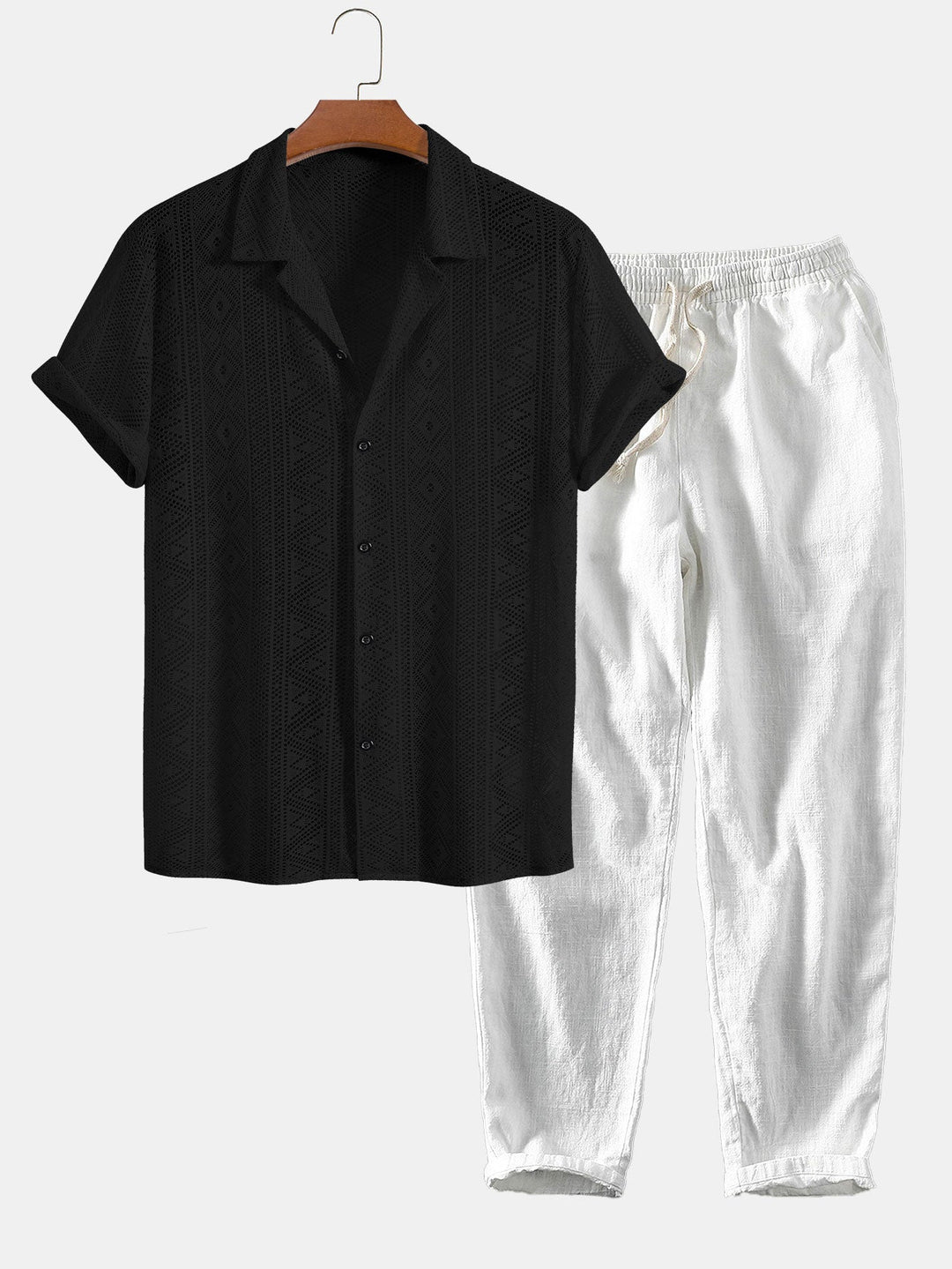 Korte Mouwen Geometrisch Textuur Cuban Shirt & Linnen Katoen Gemengde Cropped Broek