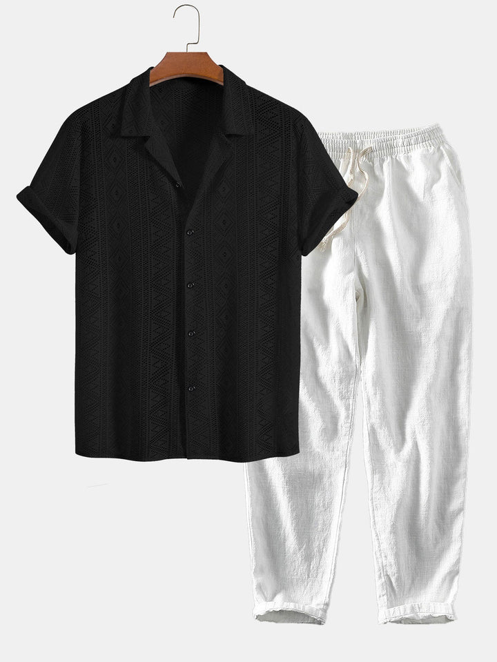 Korte Mouwen Geometrisch Textuur Cuban Shirt & Linnen Katoen Gemengde Cropped Broek