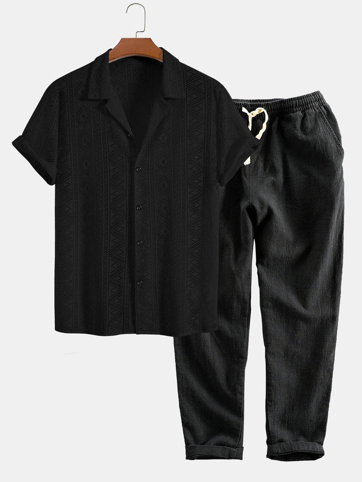 Korte Mouwen Geometrisch Textuur Cuban Shirt & Linnen Katoen Gemengde Cropped Broek