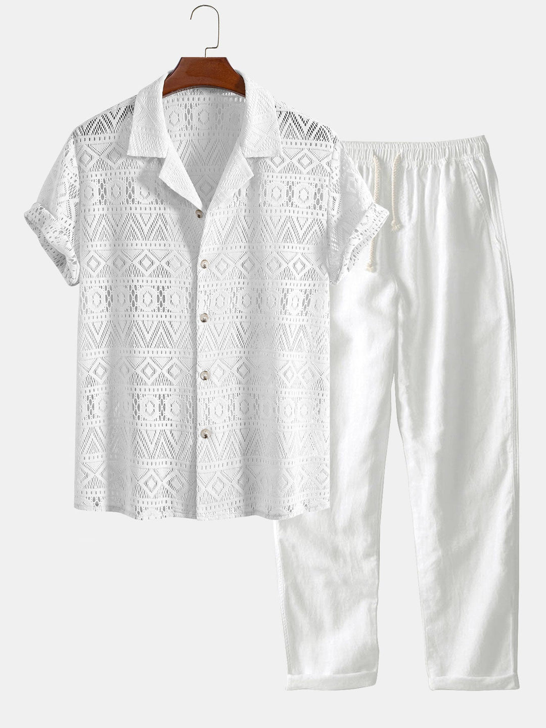 Korte Mouwen Geometrisch Textuur Cuban Shirt & Rechte Linnen Broek