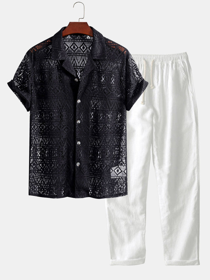 Korte Mouwen Geometrisch Textuur Cuban Shirt & Rechte Linnen Broek