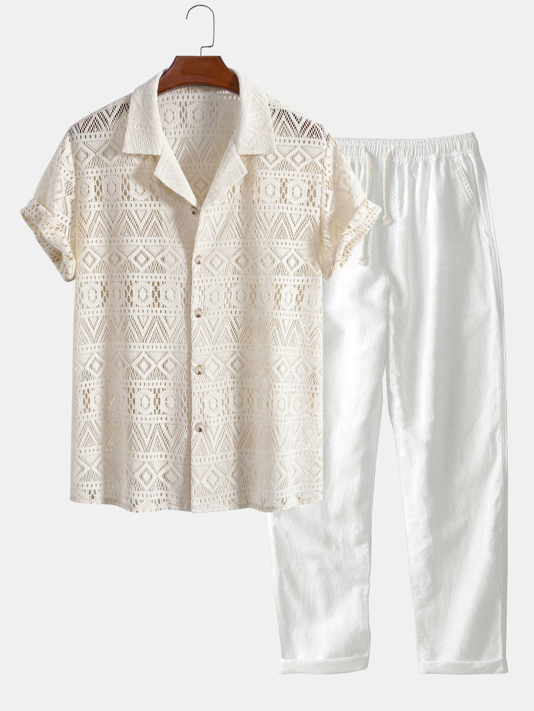 Korte Mouwen Geometrisch Textuur Cuban Shirt & Rechte Linnen Broek