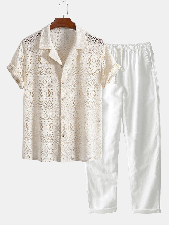 Korte Mouwen Geometrisch Textuur Cuban Shirt & Rechte Linnen Broek