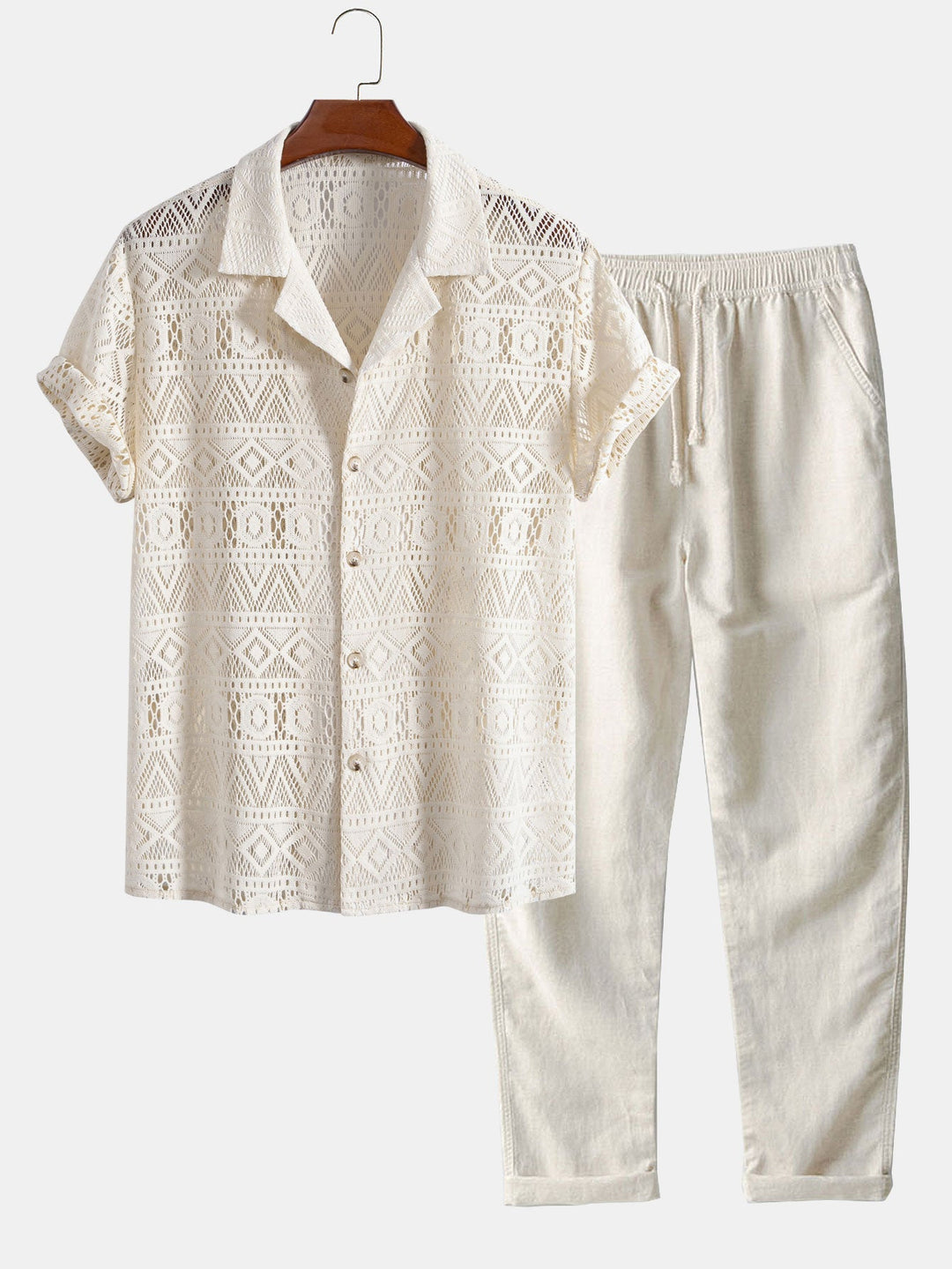 Korte Mouwen Geometrisch Textuur Cuban Shirt & Rechte Linnen Broek