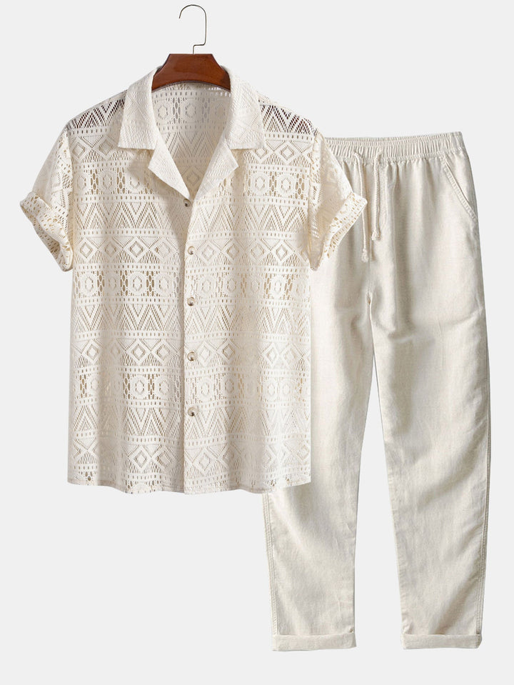 Korte Mouwen Geometrisch Textuur Cuban Shirt & Rechte Linnen Broek