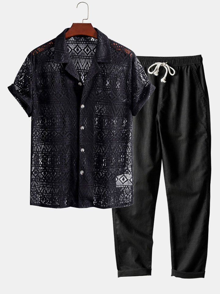 Korte Mouwen Geometrisch Textuur Cuban Shirt & Rechte Linnen Broek