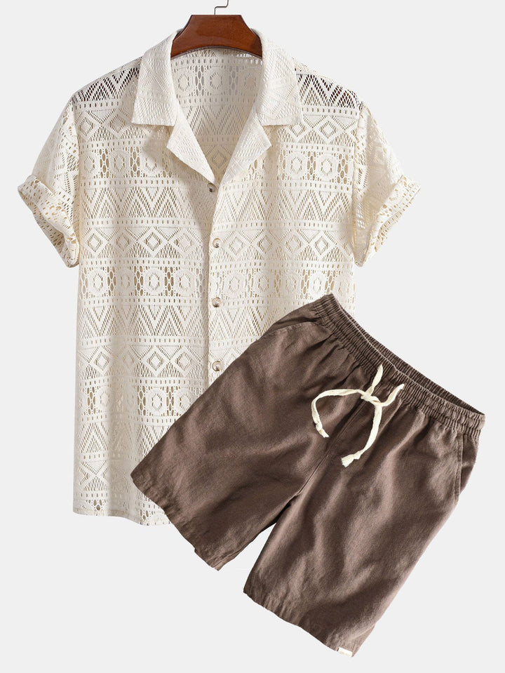 Korte Mouw Geometrisch Textuur Cuban Shirt & Linnen Katoen Mix Shorts