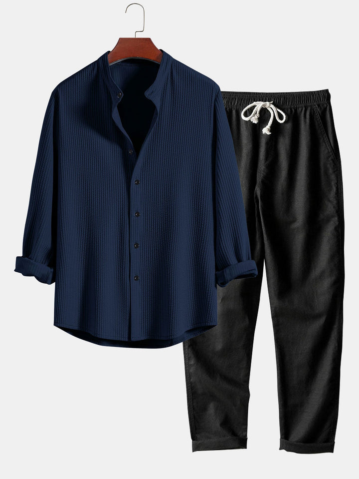 Langemouw Muscle Fit Geribbelde Staande Kraag Shirt & Rechte Pijpen Linnen Broek