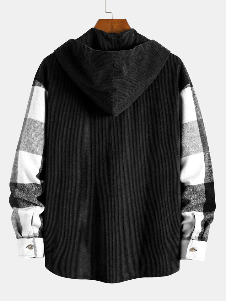 Relax Fit Flannel Ruit Corduroy Patchwork Hoodie Shirt & Chino Cargo Jogger Broek