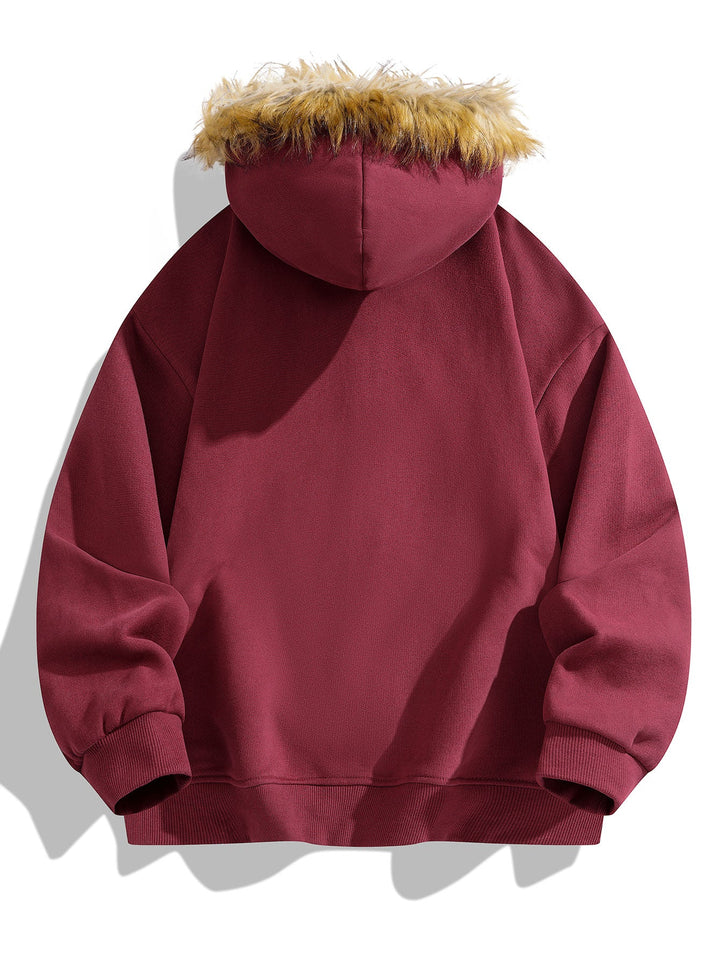 Relaxed fit faux fur collar zipper hoodie