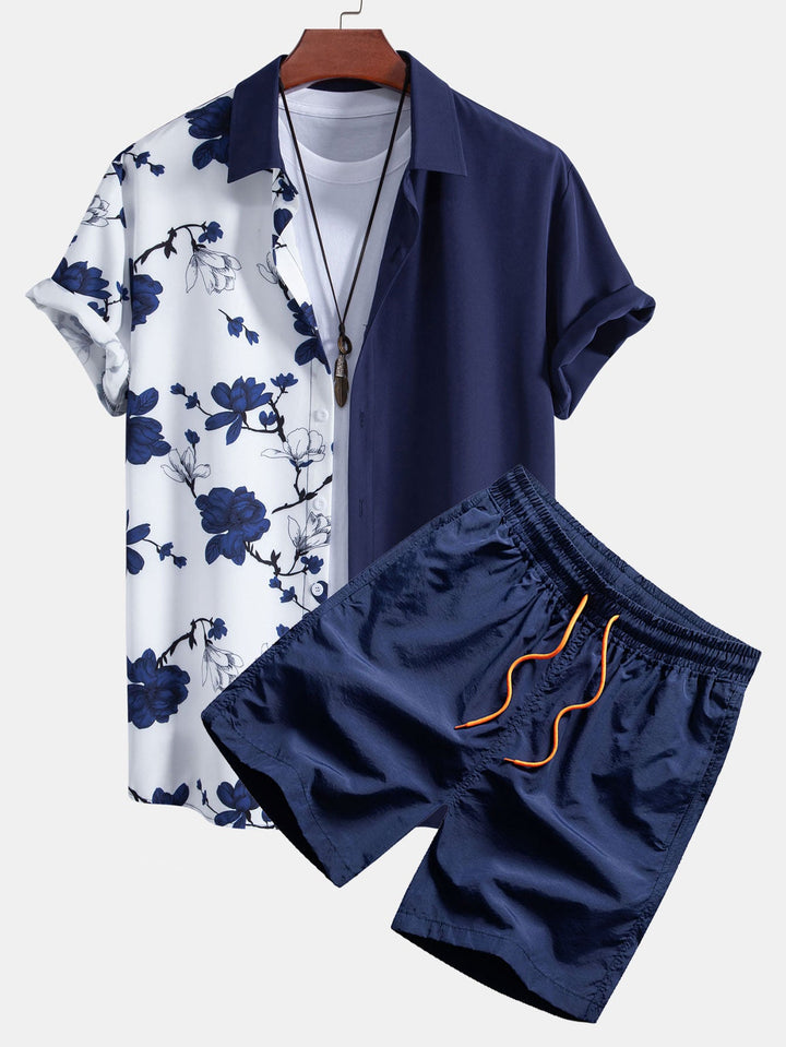 Bloemige Patchwork Print Knop-Up Shirt & Zwemshorts