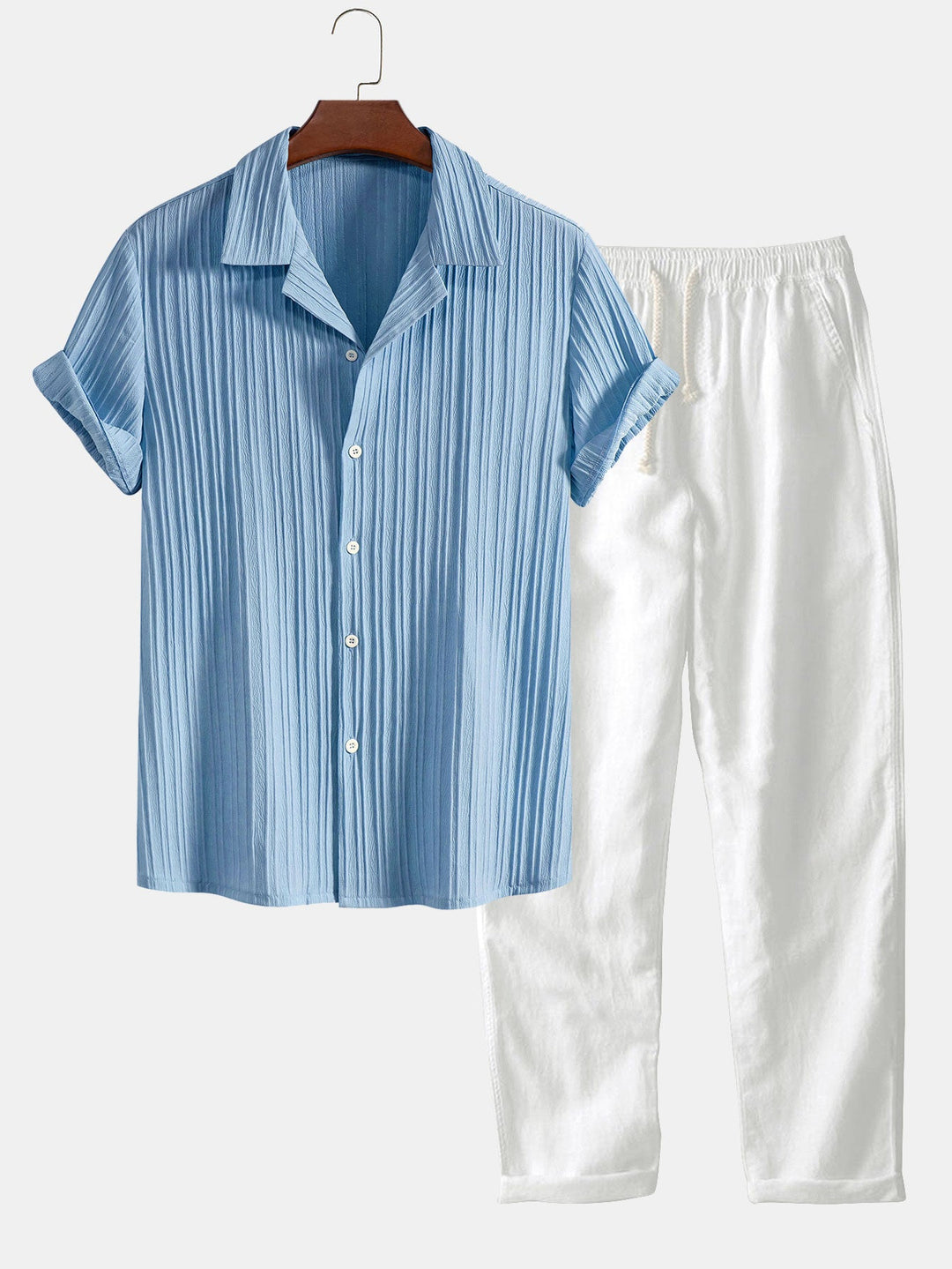 Striped Jacquard Cuban Collar Shirt & Straight Linen Pants