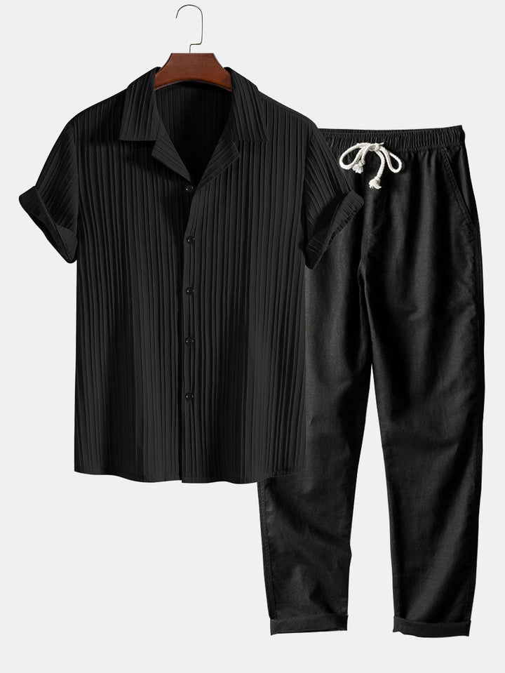Striped Jacquard Cuban Collar Shirt & Straight Linen Pants