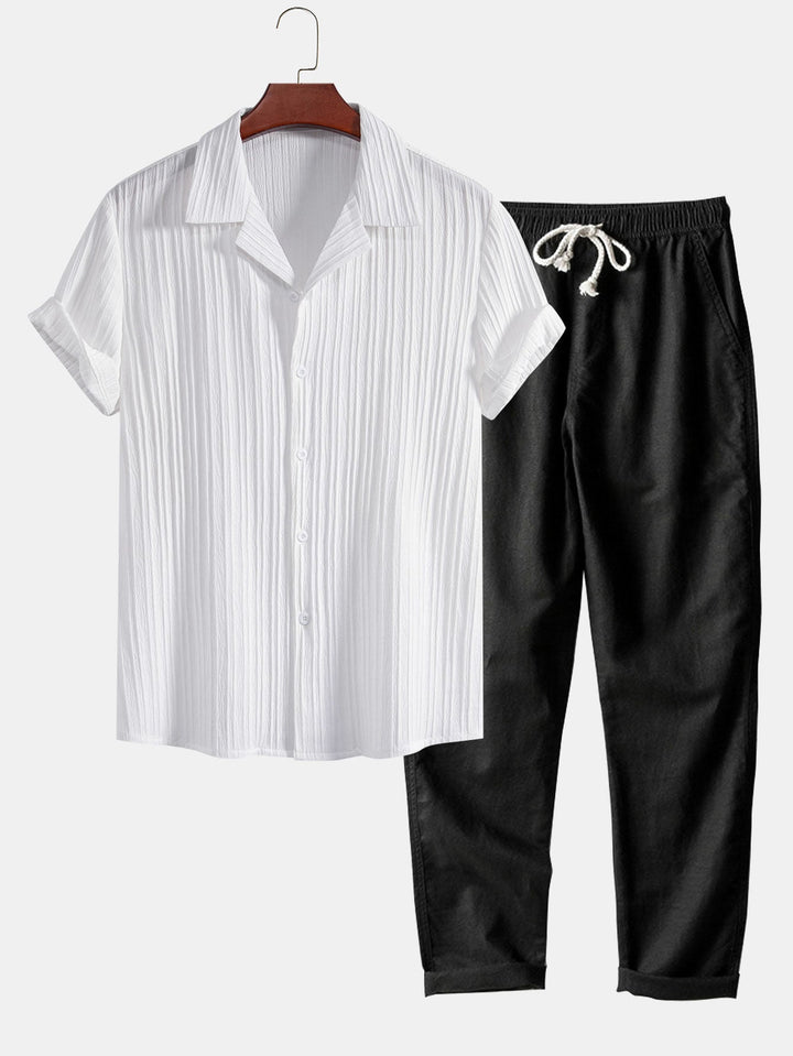 Striped Jacquard Cuban Collar Shirt & Straight Linen Pants