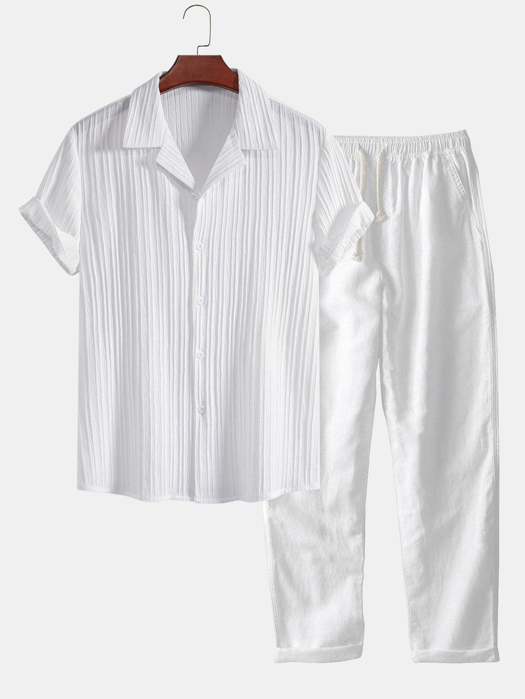 Striped Jacquard Cuban Collar Shirt & Straight Linen Pants